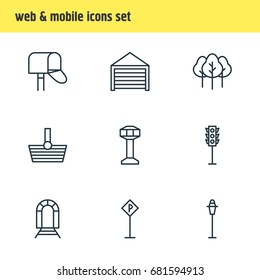 Vector Illustration Of 9 City Icons. Editable Pack Of Subway, Forest, Control Tower And Other Elements.