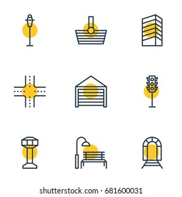 Vector Illustration Of 9 City Icons. Editable Pack Of Control Tower, Lamppost, Intersection And Other Elements.