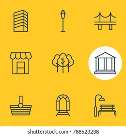 Vector illustration of 9 city icons line style. Editable set of forest, skyscraper, basket and other elements.
