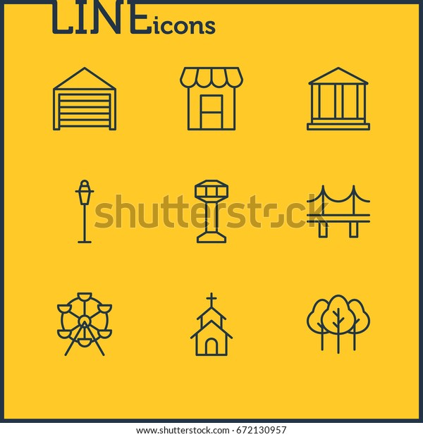 Vector Illustration Of 9\
City Icons. Editable Pack Of Forest, Building, Ferris Wheel And\
Other Elements.