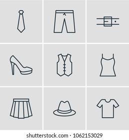 Vector illustration of 9 clothes icons line style. Editable set of panama, t-shirt, belt and other icon elements.