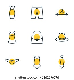 Vector illustration of 9 clothes icons line style. Editable set of tie, swimsuit, shorts and other icon elements.
