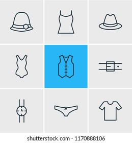 Vector illustration of 9 clothes icons line style. Editable set of belt, underwear, tank top and other icon elements.