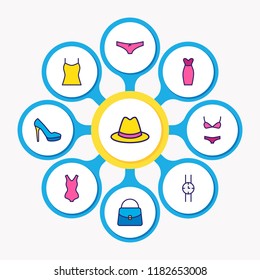Vector illustration of 9 clothes icons colored line. Editable set of underwear, women shoe, watch and other icon elements.