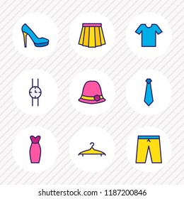 Vector illustration of 9 clothes icons colored line. Editable set of tie, skirt, t-shirt and other icon elements.