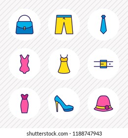 Vector illustration of 9 clothes icons colored line. Editable set of women hat, bag, women shoe and other icon elements.