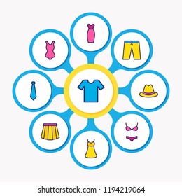 Vector illustration of 9 clothes icons colored line. Editable set of evening dress, hat, swimsuit and other icon elements.