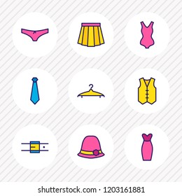 Vector illustration of 9 clothes icons colored line. Editable set of belt, women hat, skirt and other icon elements.