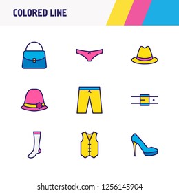 Vector illustration of 9 clothes icons colored line. Editable set of belt, hat, bag and other icon elements.