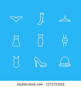 Vector illustration of 9 clothes icons line style. Editable set of swimsuit, elegant headgear, underwear and other icon elements.