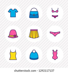 Vector illustration of 9 clothes icons colored line. Editable set of winter hat, bag, underwear and other icon elements.