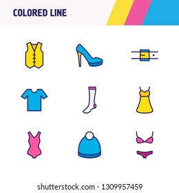 Vector illustration of 9 clothes icons colored line. Editable set of women shoe, winter hat, belt and other icon elements.