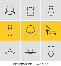 Vector illustration of 9 clothes icons line style. Editable set of sarafan, evening dress, tank top and other icon elements.