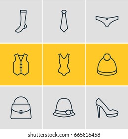 Vector Illustration Of 9 Clothes Icons. Editable Pack Of Handbag, Panama, Cravat Elements.