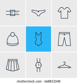 Vector Illustration Of 9 Clothes Icons. Editable Pack Of Panties, Swimming Trunks, Cloakroom And Other Elements.