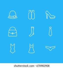 Vector Illustration Of 9 Clothes Icons. Editable Pack Of Sandal, Cravat, Swimwear Elements.