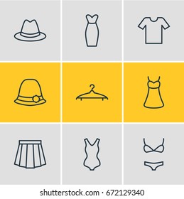 Vector Illustration Of 9 Clothes Icons. Editable Pack Of Sarafan, Swimwear, Apparel And Other Elements.