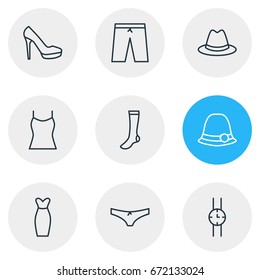 Vector Illustration Of 9 Clothes Icons. Editable Pack Of Fedora, Panama, Sandal Elements.