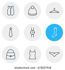 Vector Illustration Of 9 Clothes Icons. Editable Pack Of Waistcoat, Cloakroom, Handbag Elements.
