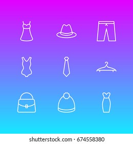 Vector Illustration Of 9 Clothes Icons. Editable Pack Of Handbag, Cloakroom, Pompom Elements.