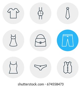 Vector Illustration Of 9 Clothes Icons. Editable Pack Of Panties, Handbag, Singlet Elements.