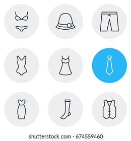 Vector Illustration Of 9 Clothes Icons. Editable Pack Of Evening Dress, Panama, Waistcoat And Other Elements.
