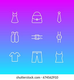 Vector Illustration Of 9 Clothes Icons. Editable Pack Of Hand Clock, Waistcoat, Handbag Elements.