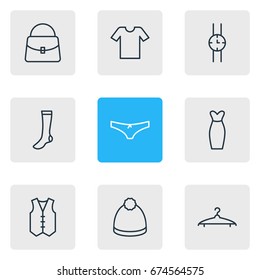 Vector Illustration Of 9 Clothes Icons. Editable Pack Of Casual, Panties, Handbag Elements.