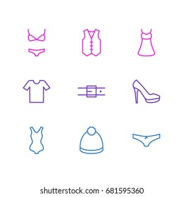 Vector Illustration Of 9 Clothes Icons. Editable Pack Of Swimwear, Panties, Waistcoat And Other Elements.