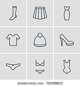 Vector Illustration Of 9 Clothes Icons. Editable Pack Of Apparel, Swimwear, Panties And Other Elements.