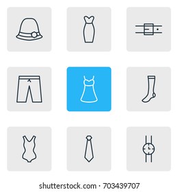 Vector Illustration Of 9 Clothes Icons. Editable Pack Of Sarafan, Panama, Hosiery And Other Elements.