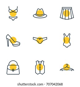 Vector Illustration Of 9 Clothes Icons. Editable Pack Of Fedora, Waistcoat, Sandal Elements.