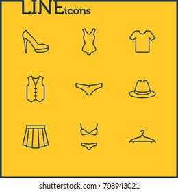 Vector Illustration Of 9 Clothes Icons. Editable Pack Of Panties, Cloakroom, Swimwear And Other Elements.