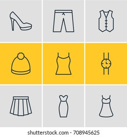 Vector Illustration Of 9 Clothes Icons. Editable Pack Of Pompom, Hand Clock, Sandal Elements.
