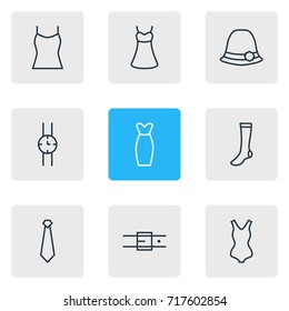Vector Illustration Of 9 Clothes Icons. Editable Pack Of Panama, Evening Dress, Swimwear And Other Elements.