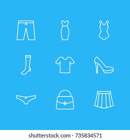 Vector Illustration Of 9 Clothes Icons. Editable Pack Of Sarafan, Swimming Trunks, Apparel And Other Elements.