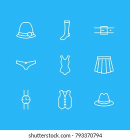 Vector illustration of 9 clothes icons line style. Editable set of hand clock, hosiery, waistcoat elements.