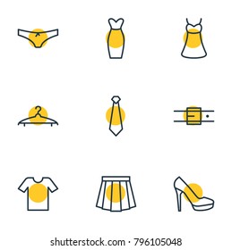 Vector illustration of 9 clothes icons line style. Editable set of tie, t-shirt, skirt and other elements.