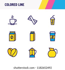 Vector illustration of 9 coffee icons colored line. Editable set of product, cup of coffee, coffee to go and other icon elements.