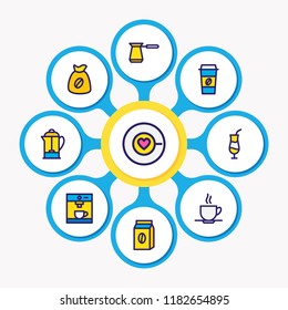 Vector illustration of 9 coffee icons colored line. Editable set of coffee to go, coffee pack, coffee machine and other icon elements.