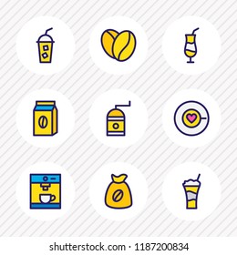 Vector illustration of 9 coffee icons colored line. Editable set of coffee love, cold coffee, mocca and other icon elements.