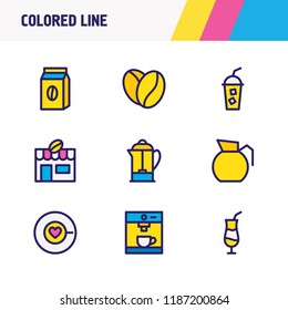 Vector illustration of 9 coffee icons colored line. Editable set of coffee love, coffee pack, mocca and other icon elements.