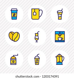 Vector illustration of 9 coffee icons colored line. Editable set of coffee bean, coffee machine, coffee mug and other icon elements.