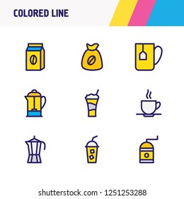 Vector illustration of 9 coffee icons colored line. Editable set of coffee sack, coffee pack, coffee mug and other icon elements.