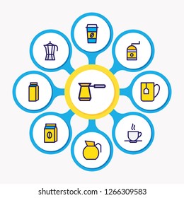 Vector illustration of 9 coffee icons colored line. Editable set of coffee pot, cezve, coffee pack and other icon elements.