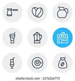 Vector illustration of 9 coffee icons line style. Editable set of sack, latte, cezve and other icon elements.