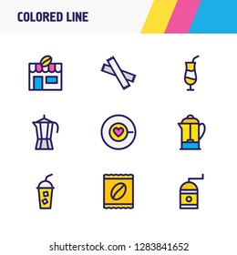 Vector illustration of 9 coffee icons colored line. Editable set of mocca, instant coffee, cold coffee and other icon elements.