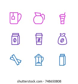 Vector Illustration Of 9 Coffee Icons. Editable Pack Of Cocktail, Sweetener, Coffee To Go And Other Elements.