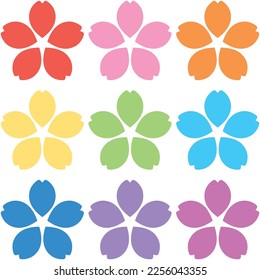 Vector illustration of 9 colorful 5 petal cherry blossom silhouette set