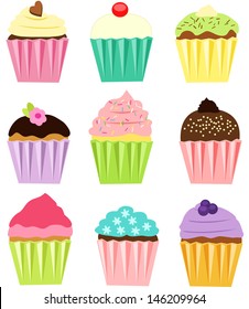 Vector illustration of 9 colorful cupcakes